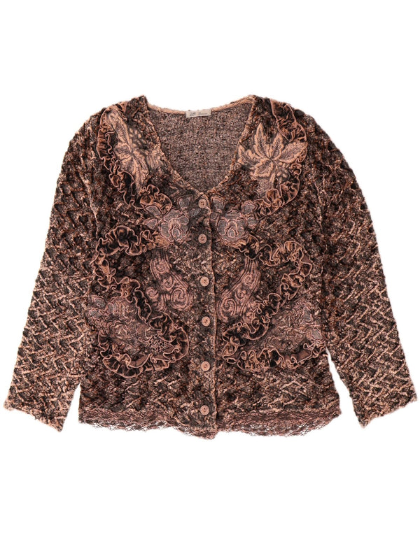 VINTAGE Pulover cardigan crop pentru femei UK 14 Medium Brown Floral Viscose