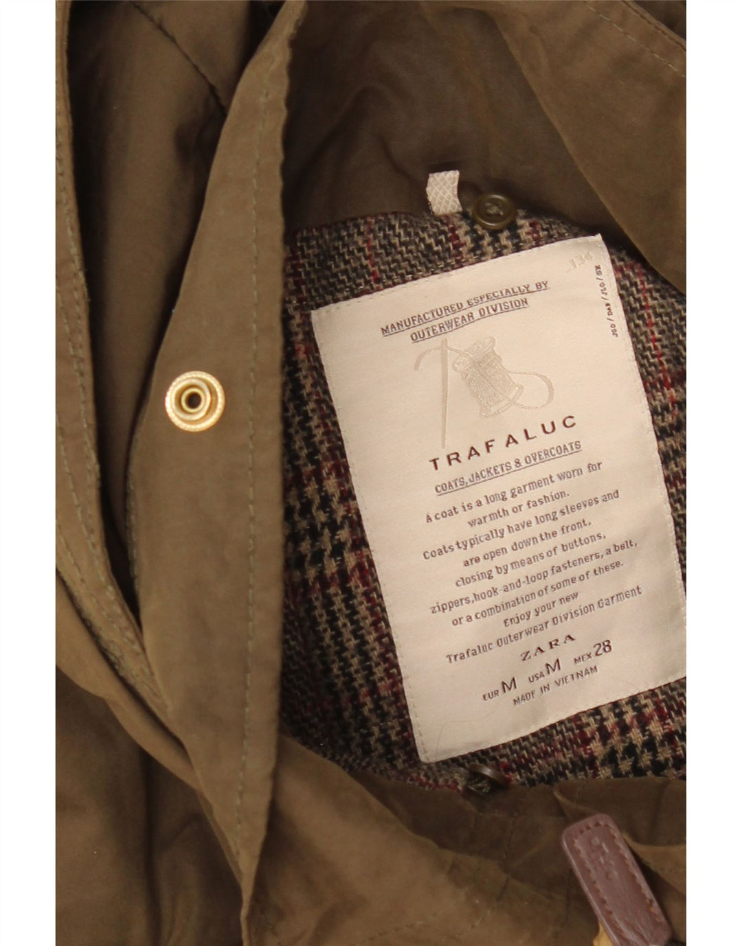 Jachetă parka cu glugă pentru femei Zara UK 14 Medium Khaki Check Bumbac