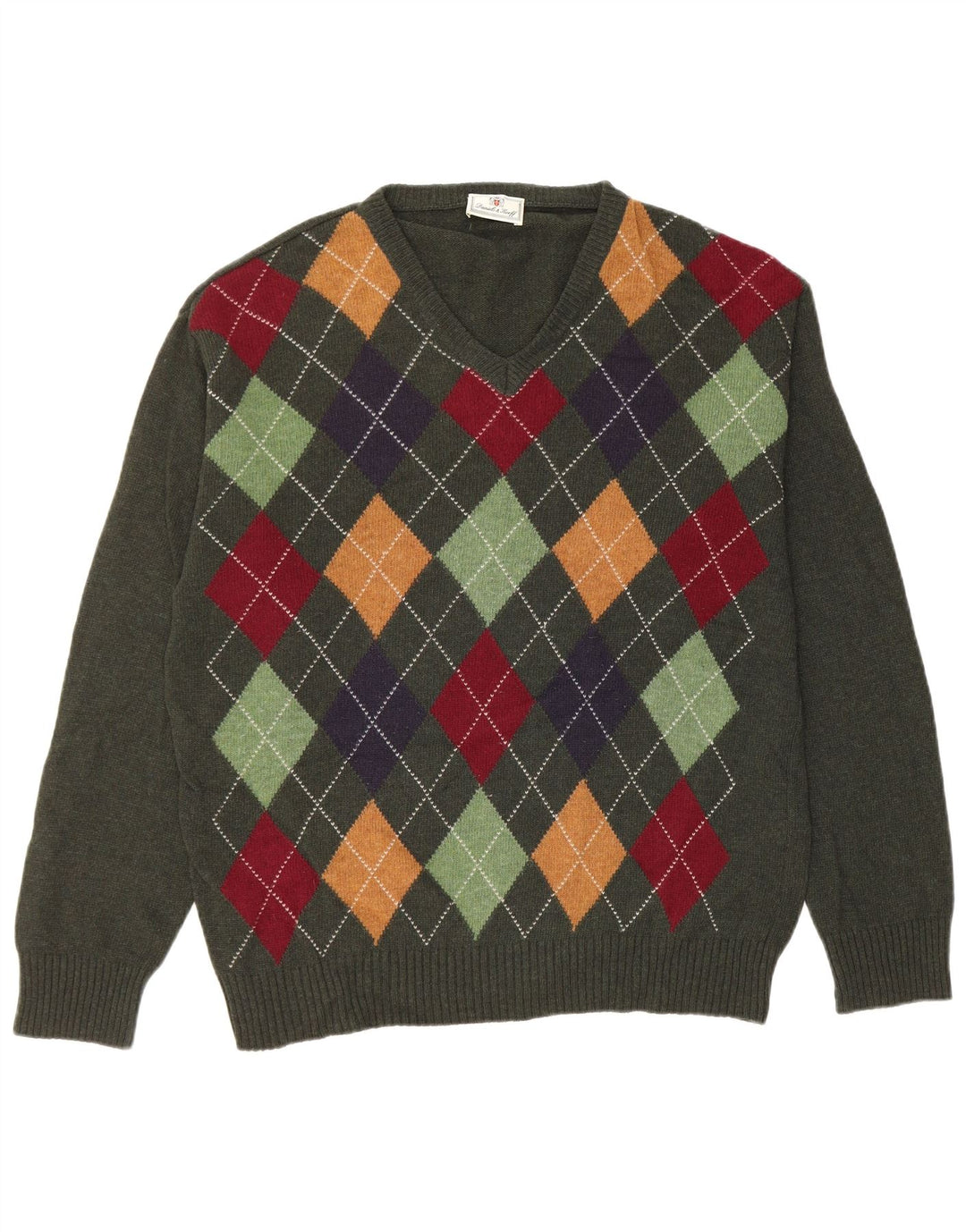 Pulover VINTAGE pentru bărbați, cu decolteu în V, din lână nouă verde mediu Argyle/Diamond