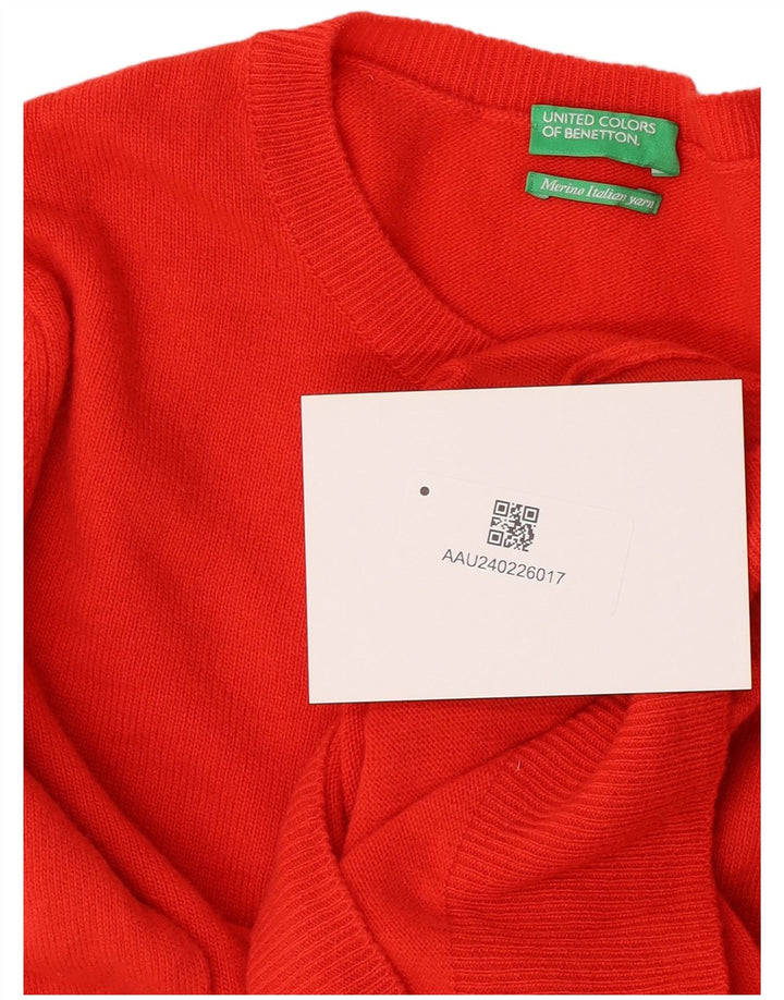 Pulover Benetton pentru femei cu gât roșu din lână virgină roșie medie UK 12