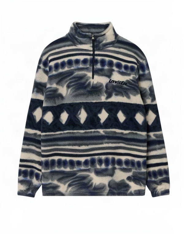 Pulover pentru bărbați Invicta, loose fit, cu fermoar, decolteu, fleece, mic, bleumarin, geometric