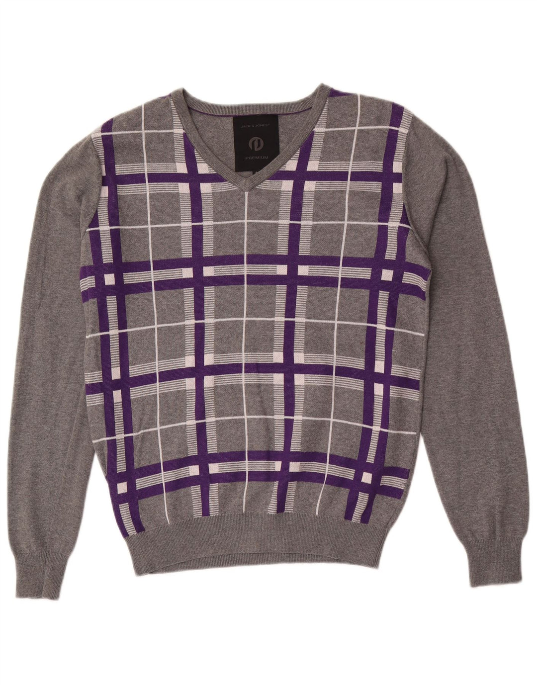 Jack & Jones Pulover cu decolteu în V pentru bărbați, bumbac cu carouri mici, gri