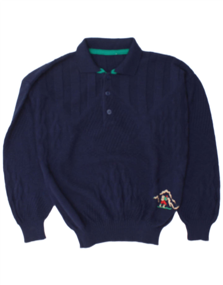 Pulover vintage pentru bărbați cu gât polo, lână mare, albastru