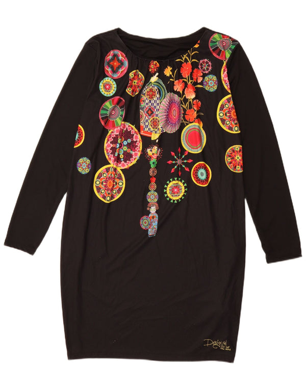DESIGUAL Womens Graphic Long Sleeve Shift Dress UK 18 XL Black Floral