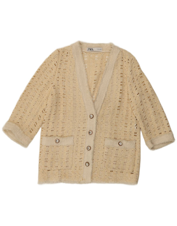 Pulover cardigan din croșetat cu mâneci 3/4 pentru femei Zara UK 16 mare, bej, bumbac