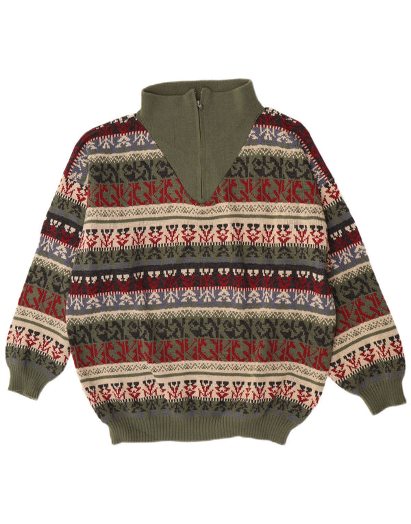 Custom Club Mens Zip Neck Jumper Sweater IT 56 2XL Green Fair Isle Acrylic