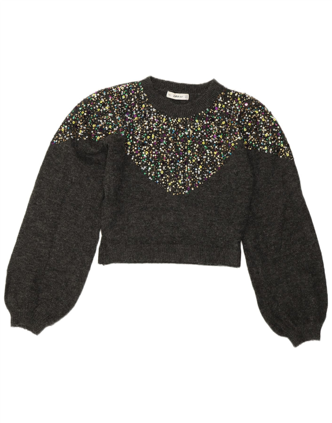 ZARA Womens Crop Crew Neck Jumper Sweater UK 14 Medium Grey Spotted