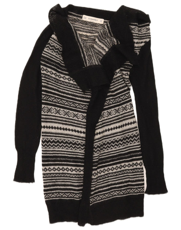 Zara Womens Longline Cardigan Sweater UK 12 Medium Black Fair Isle Acrylic