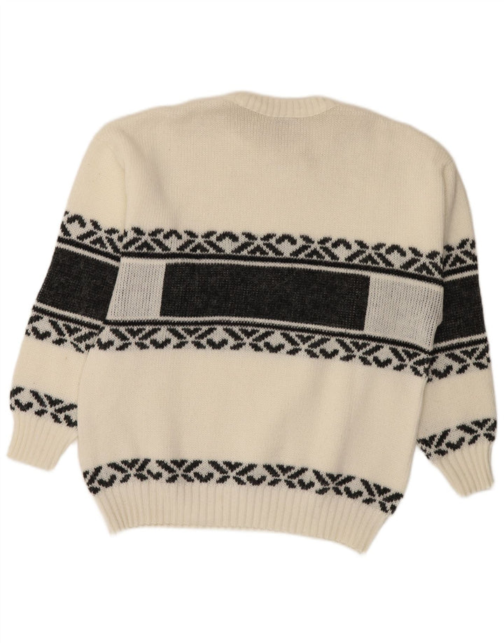Pulover vintage pentru bărbați cu gâtul turnat, alb mediu, Fair Isle