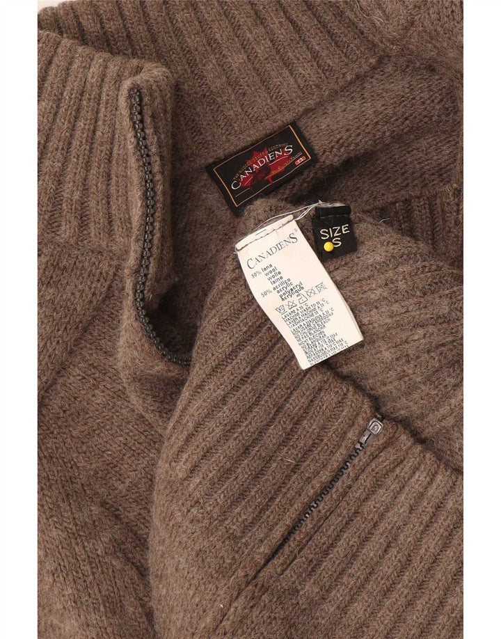 Pulover cardigan supradimensionat pentru femei Canadiens cu fermoar complet UK 10 Lână maro mică