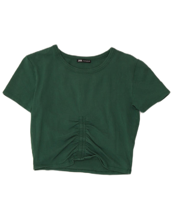 Zara Womens Crop T-Shirt Top UK 14 Large Green Cotton