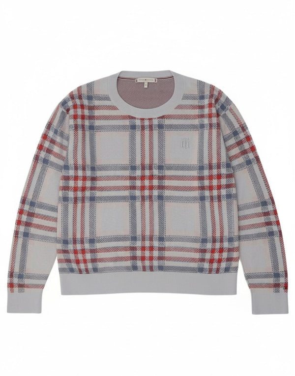 Pulover oversize pentru femei Tommy Hilfiger cu decolteu triplu UK 6 XS Blue Check