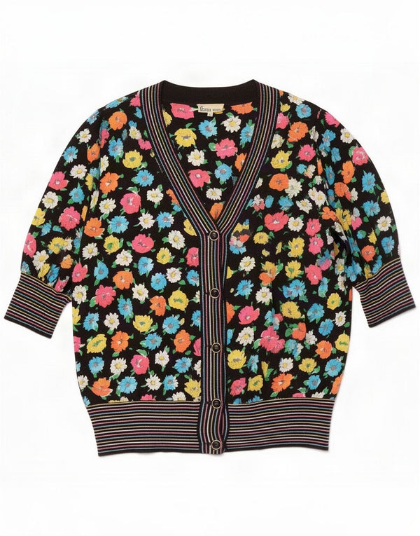 Vintage Womens Manecă 1/2 Cardigan Top IT 46 Mare Negru Floral Mătase Retro