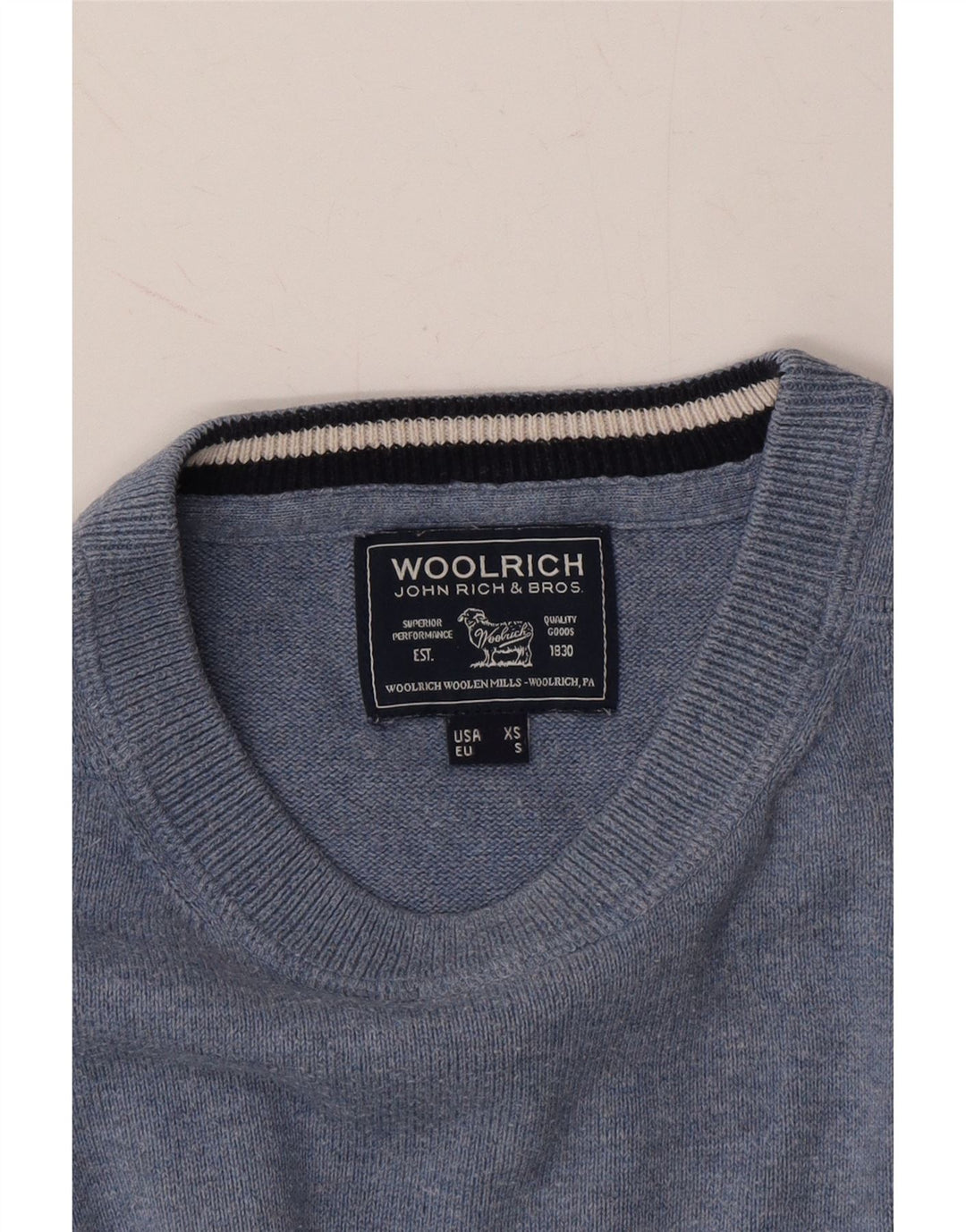 WOOLRICH Mens Crew Neck Jumper Sweater XS Blue Vintage Woolrich and Second-Hand Woolrich from Messina Hembry 