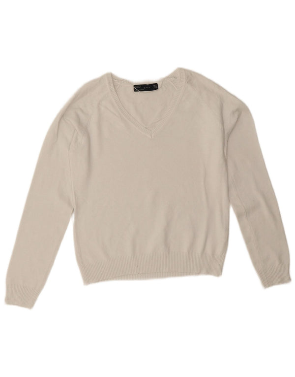 Pulover cu decolteu în V Zara pentru femei UK 12 Bumbac alb mediu