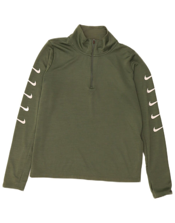 Nike Dri Fit Zip Neck Graphic Top cu mânecă lungă UK 14 Medium Green