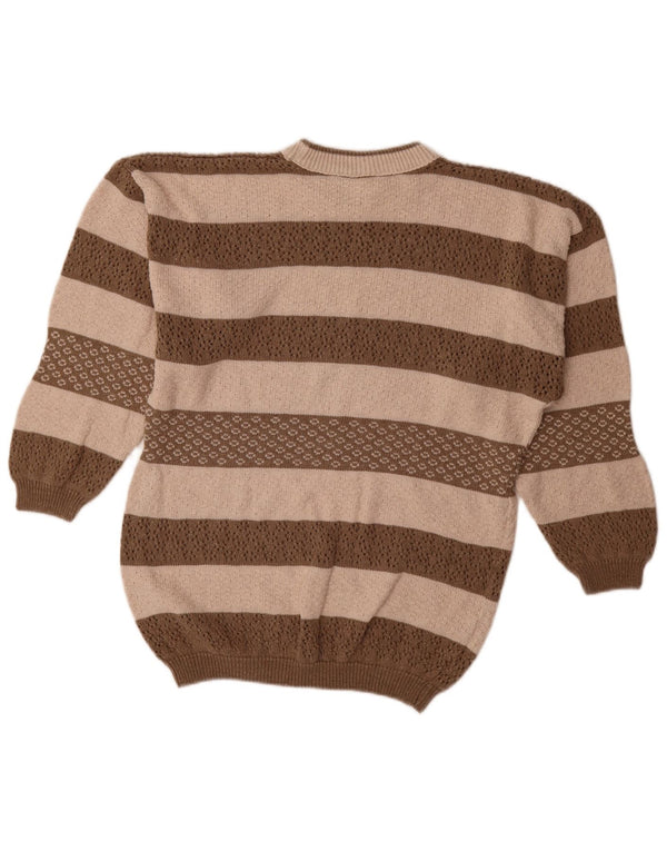 Pulover de damă vintage supradimensionat cu gâtul turnat, cu dungi maro mici, UK 10