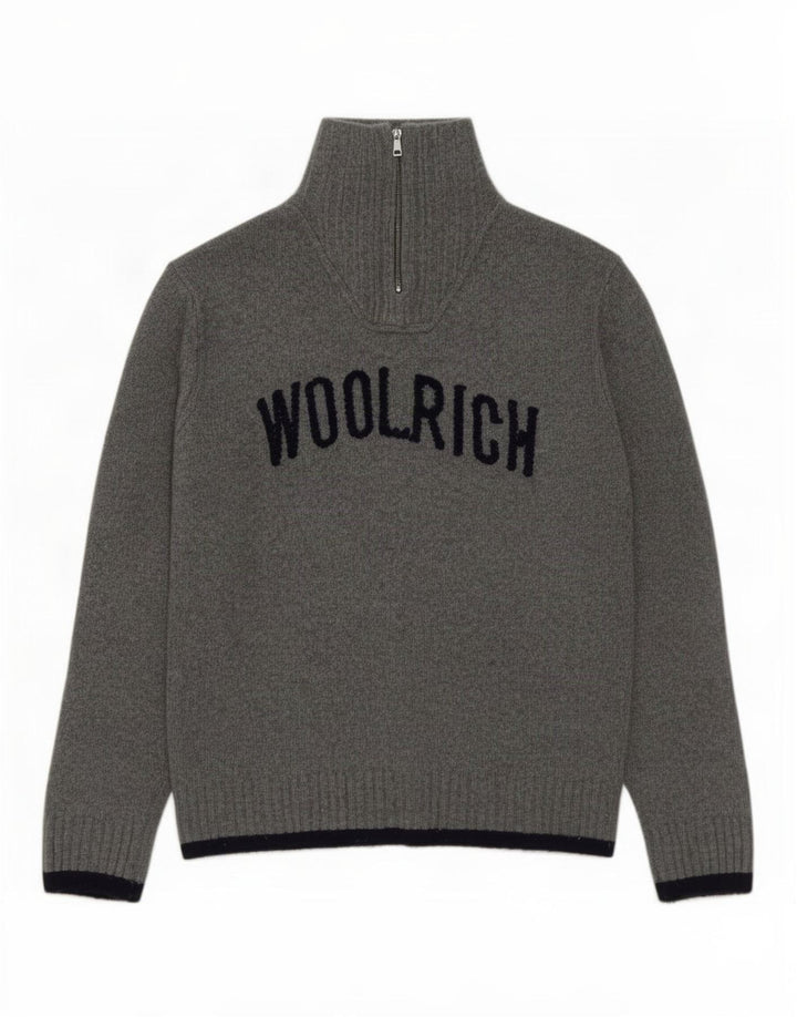 Pulover pentru bărbați Woolrich, cu grafică, cu fermoar și gât, XL, lână gri