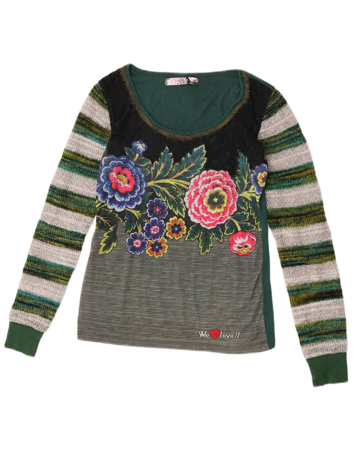 Top grafic pentru femei Desigual cu mânecă lungă UK 12 Medium Green Floral Poliester