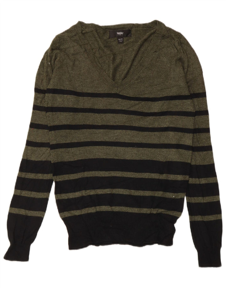 MOSSIMO Pulover cu decolteu în V pentru femei UK 6 XS Nailon cu dungi kaki