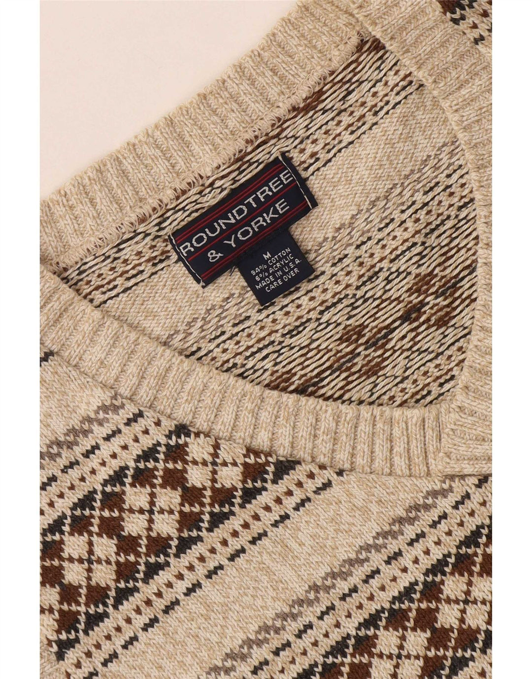 Pulover cu decolteu în V Roundtree & Yorke pentru bărbați, bumbac geometric, bej mediu
