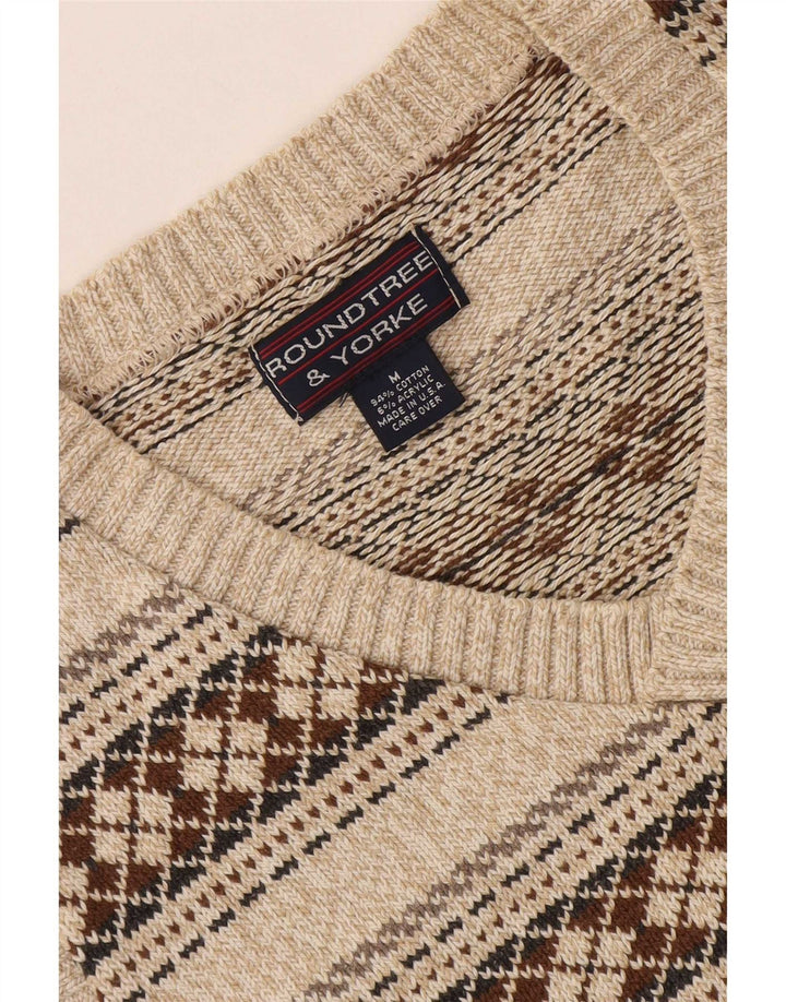 Pulover cu decolteu în V Roundtree & Yorke pentru bărbați, bumbac geometric, bej mediu
