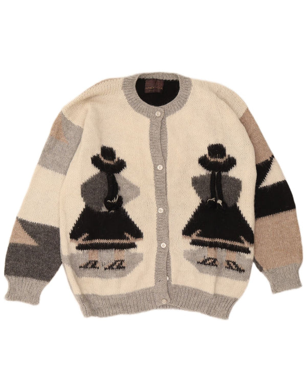 Pulover vintage cardigan grafic pentru femei UK 16 mare, alb, lână color bloc