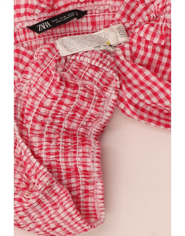 Top pentru femei Zara Crop cu mâneci 3/4 cu umăr dezactivat UK 4 XS poliester roșu vichy