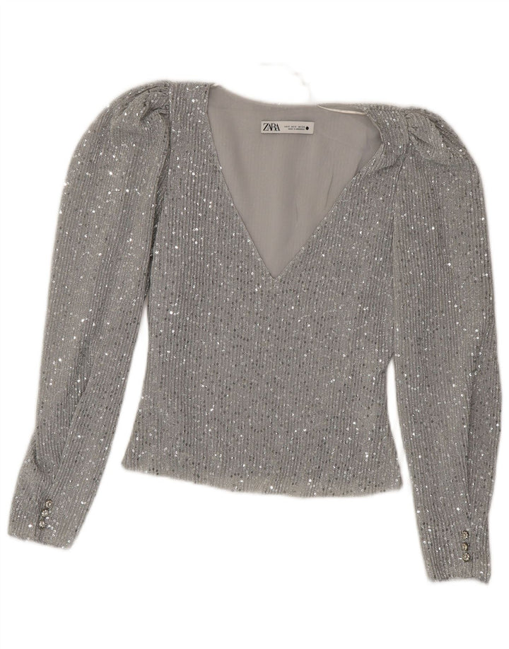 Crop Top pentru femei Zara cu mânecă lungă UK 10 Small Silver