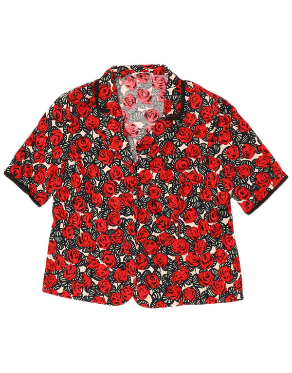Bluză vintage pentru femei cu mânecă scurtă, cămașă UK 24 4XL bumbac floral roșu