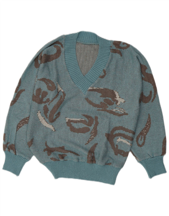 Pulover VINTAGE pentru femei cu model abstract, cu decolteu în V, UK 16, mare, albastru