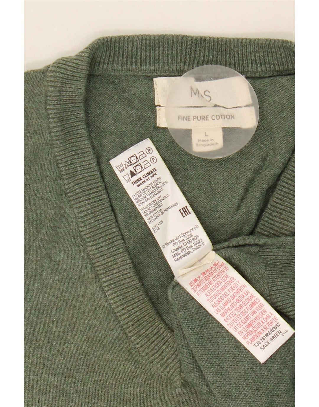 Pulover cu decolteu în V pentru bărbați Marks & Spencer, bumbac verde mare