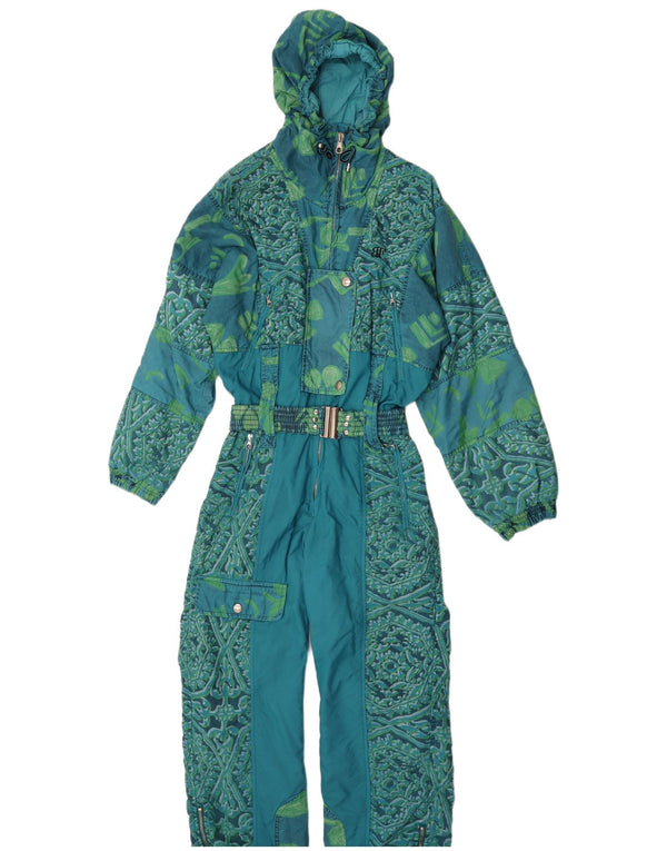 Vintage Womens Hooded Ski Jumpsuit UK 14 Medium  Green Floral Nylon Retro