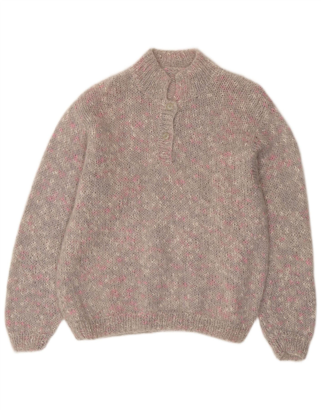 Pulover pentru femei VINTAGE cu gât cu nasturi, UK 14, mare, gri cu pete