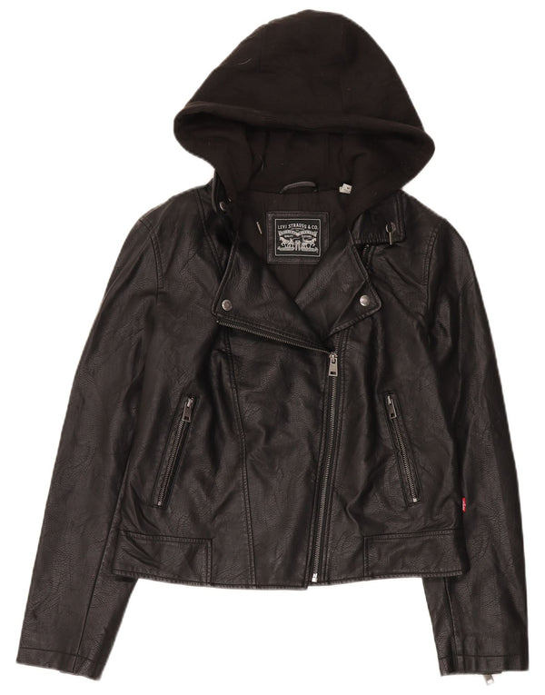Jachetă motociclist din piele artificială cu glugă Levi's pentru femei UK 12 Medium Black
