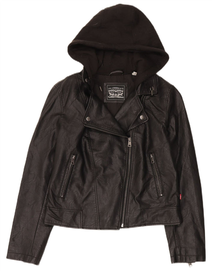 Jachetă motociclist din piele artificială cu glugă Levi's pentru femei UK 12 Medium Black