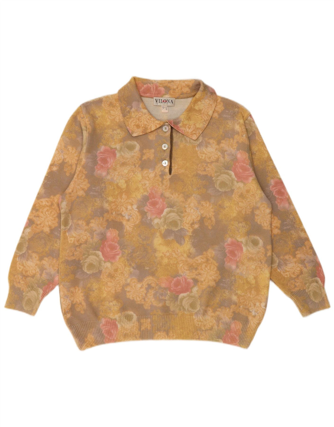 VILONA MODA Pulover cu gât polo pentru femei UK 18 XL Lână florală galbenă
