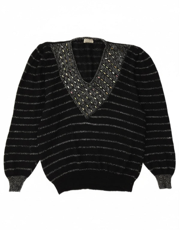 Pulover cu decolteu în V Bramante pentru femei UK 16 Mohair mare cu dungi negre