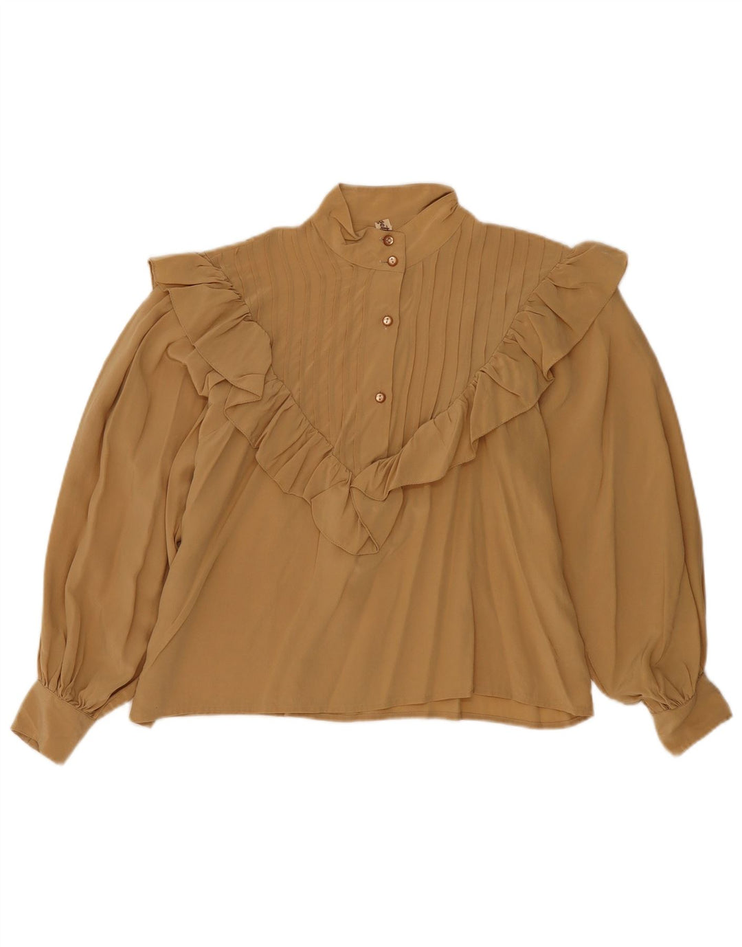 Bluză vintage cu mâneci lungi, cu volane, în față, IT 46, mare, bej, mătase