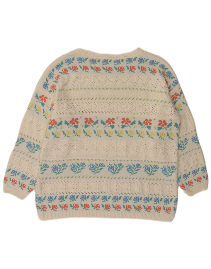 Pulover VINTAGE pentru damă, cu gât de barcă, IT 46, mare, alb, acrilic, floral