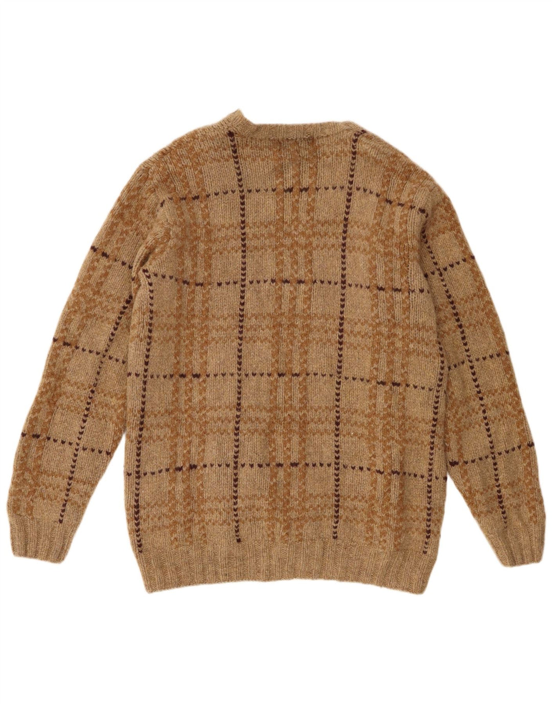 Eddie Bauer Pulover pentru bărbați cu gât roșu, XL, lână de miel cu carouri maro