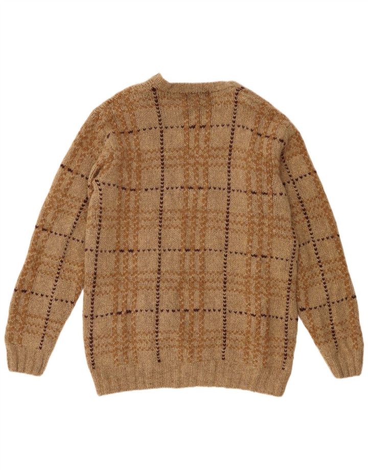 Eddie Bauer Pulover pentru bărbați cu gât roșu, XL, lână de miel cu carouri maro