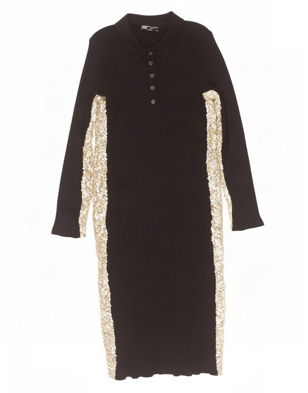 Rochie polo cu mânecă lungă pentru femei Zara UK 14, mare, neagră, bloc de culoare