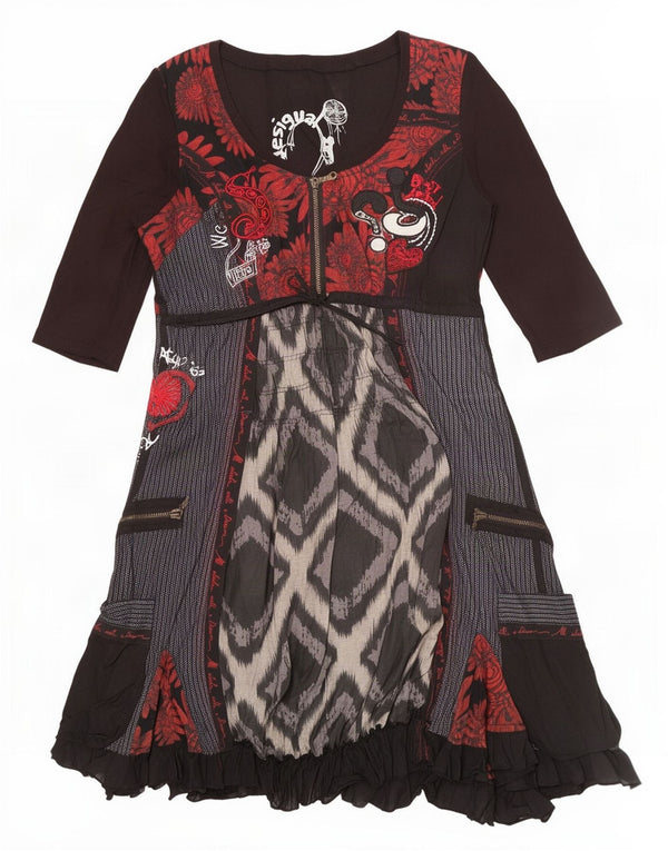 Desigual Womens Empire Dress EU 42 Large Black Patchwork Cotton