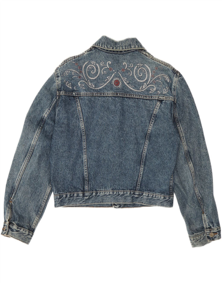 Jachetă de denim crop vintage pentru femei UK 14 Large Blue Paisley