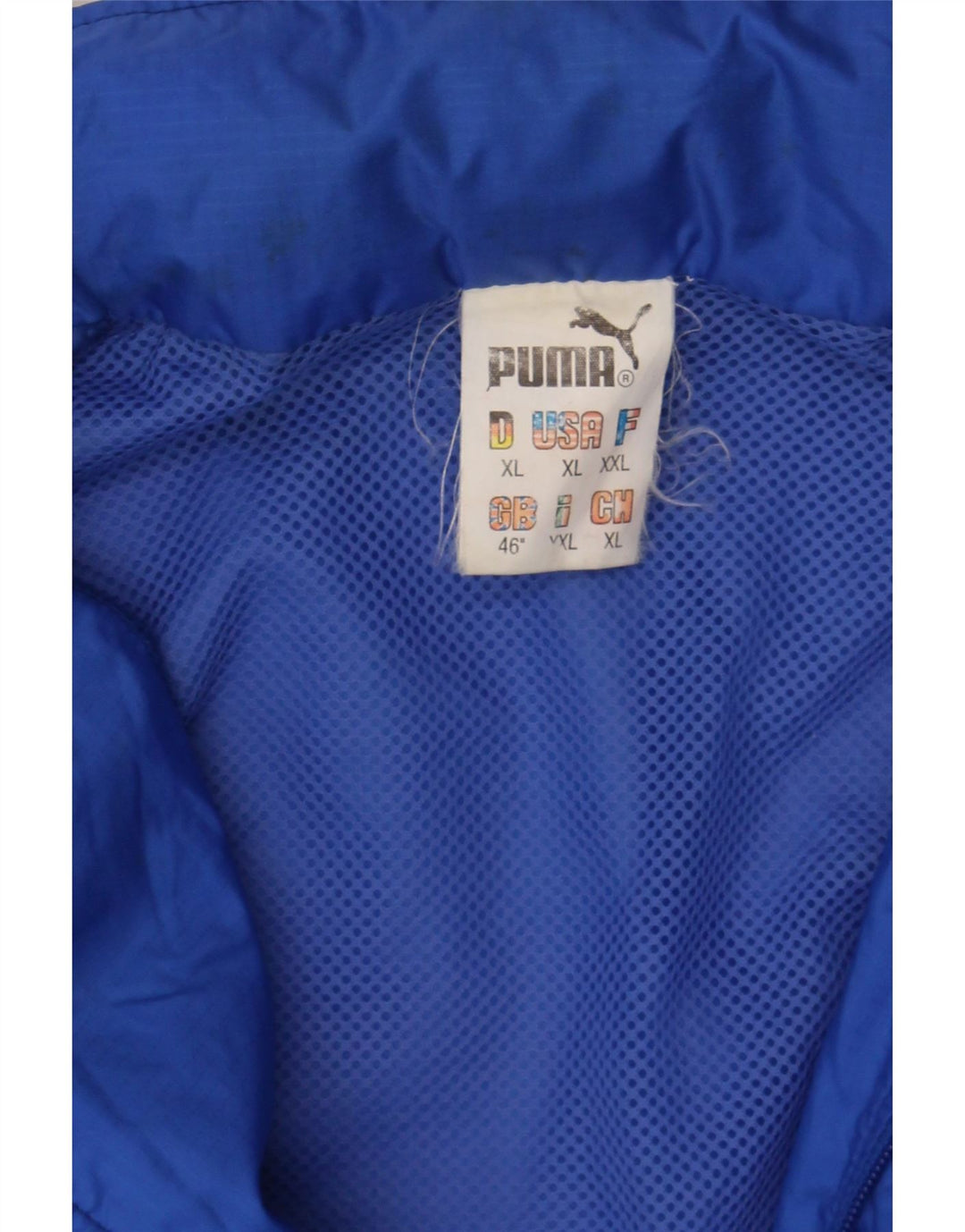 PUMA Mens Graphic Rain Jacket UK 46 XL Blue Colourblock Polyamide Vintage Puma and Second-Hand Puma from Messina Hembry 