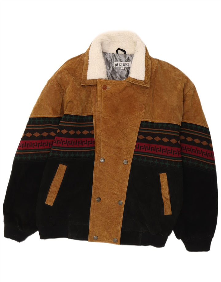 L'Homme Moderne Jachetă Bomber Windbreaker pentru bărbați UK 40 Large Brown Aztec