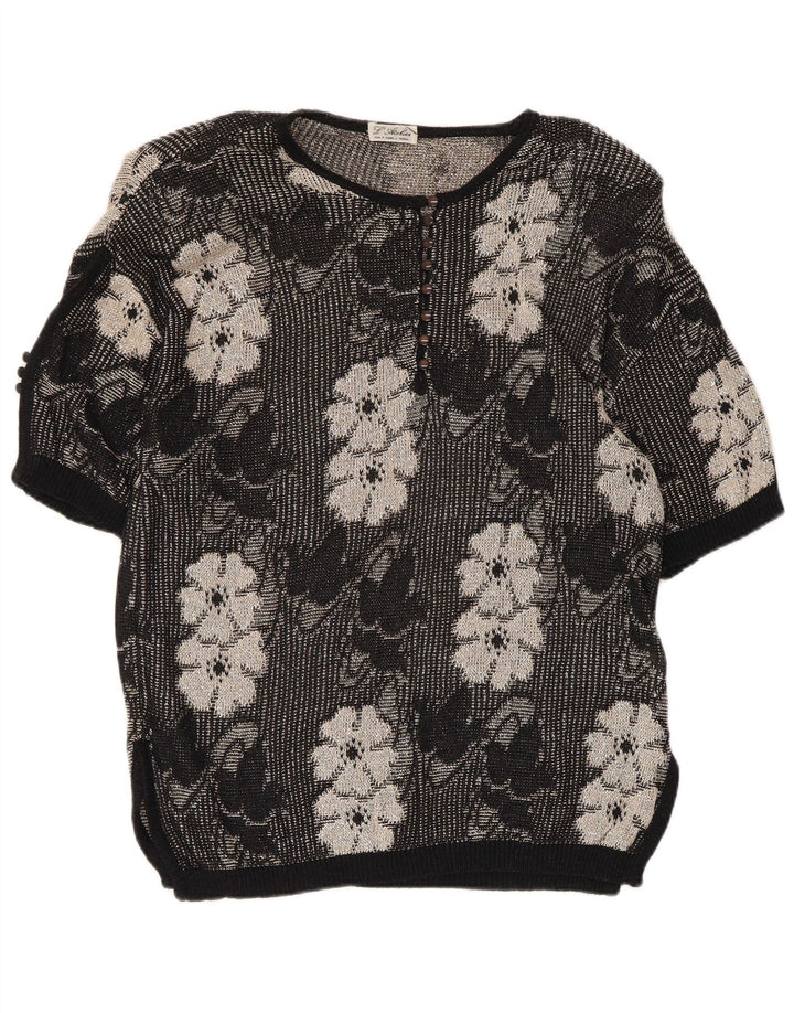 Pulover vintage pentru femei cu gât cu nasturi UK 14 Medium Negru Floral