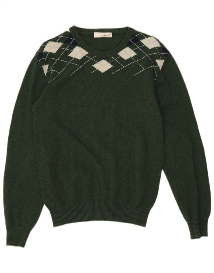 Pulover Berna pentru bărbați cu gât de barcă, verde mediu, lână Argyle/Diamond