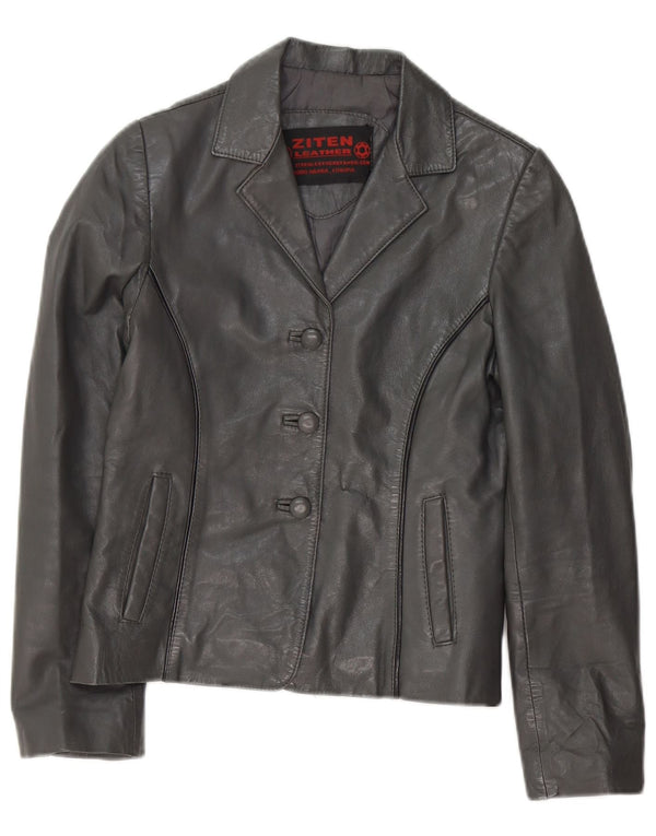 Jachetă vintage pentru femei crop cu 3 nasturi, din piele, gri, UK 8